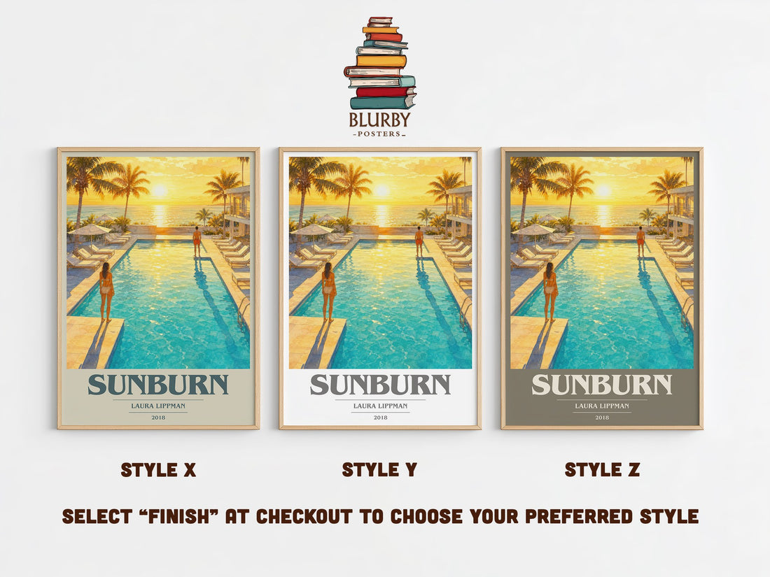 Sunburn book cover print in frame leaning in hallway – thriller wall art (mockup)