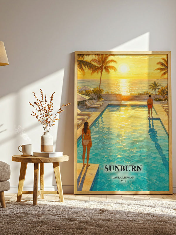 Sunburn watercolour print in frame leaning in hallway – thriller wall art