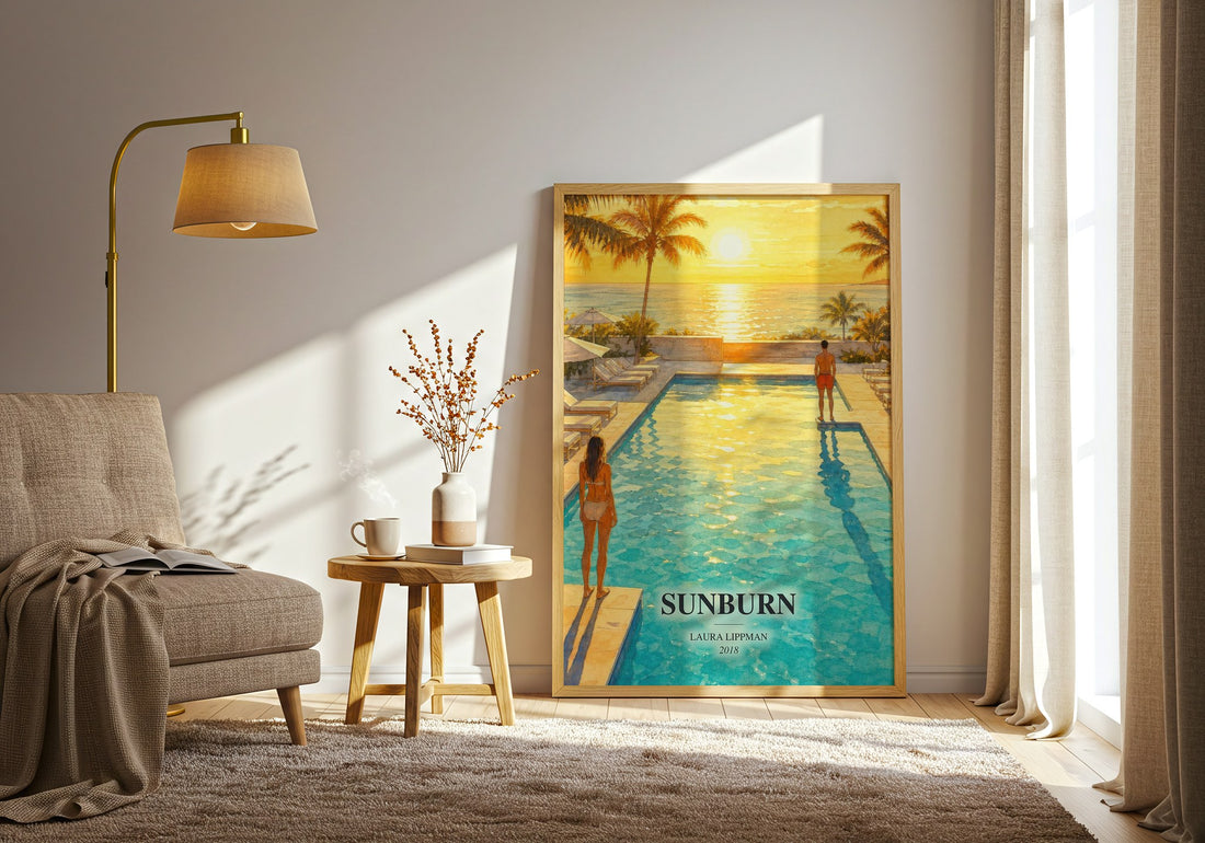 Sunburn watercolour print in frame leaning in hallway – thriller wall art (mockup)