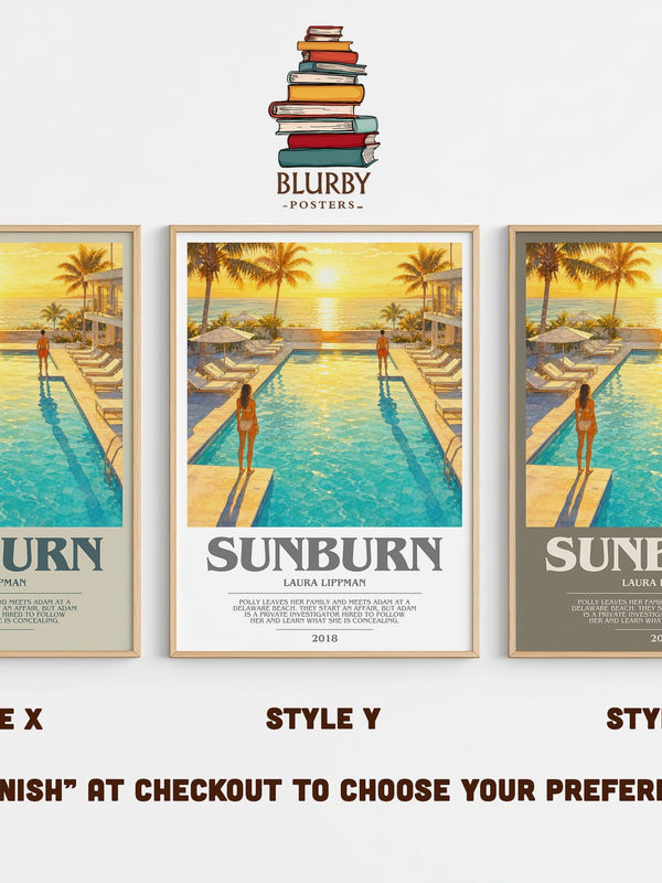 Sunburn bookish print in frame leaning in hallway – thriller wall art