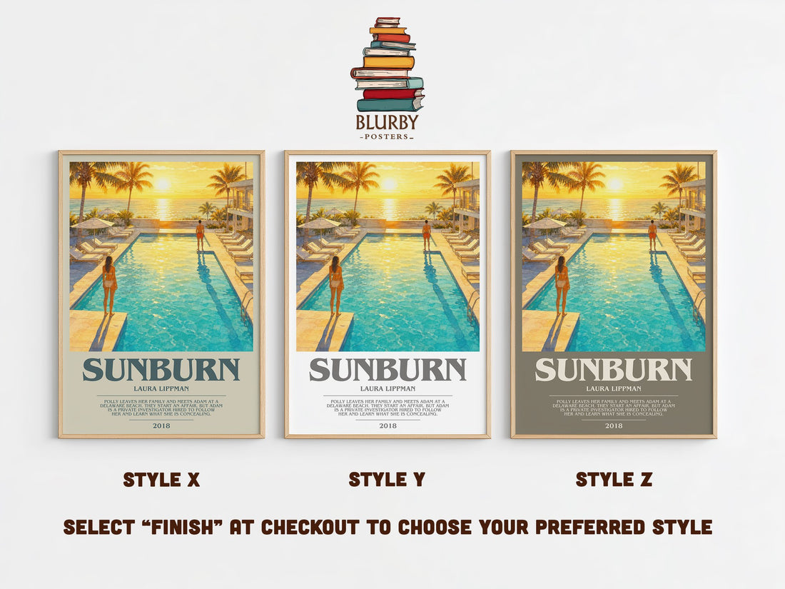 Sunburn bookish print in frame leaning in hallway – thriller wall art (mockup)
