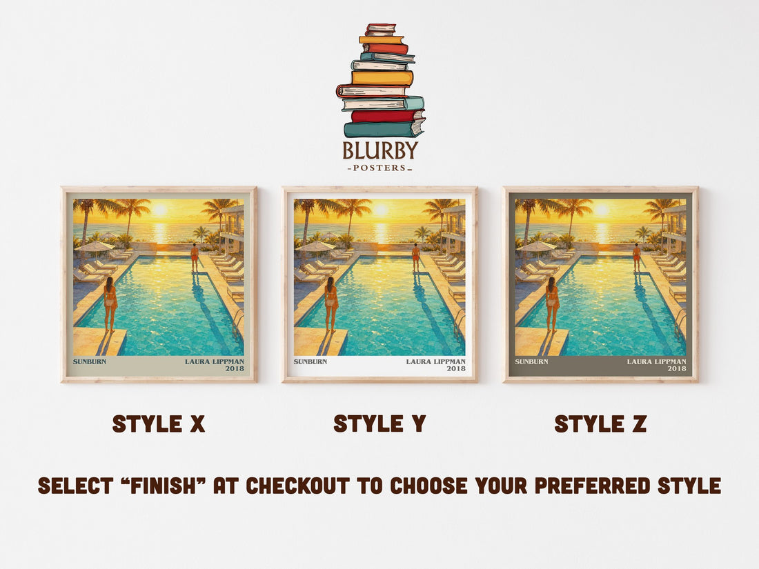 Sunburn literary print in frame leaning in hallway – thriller wall art (mockup)