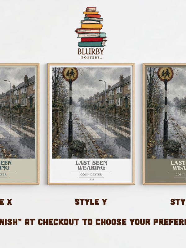 Last Seen Wearing book cover print in frame leaning in hallway – mystery wall art