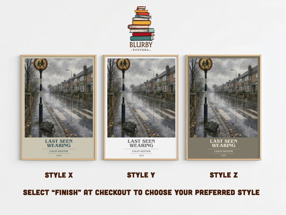 Last Seen Wearing book cover print in frame leaning in hallway – mystery wall art (mockup)