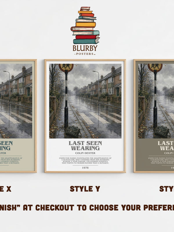 Last Seen Wearing bookish print in frame leaning in hallway – mystery wall art