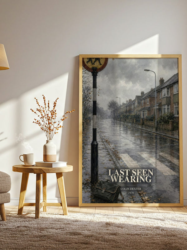 Last Seen Wearing watercolour print in frame leaning in hallway – mystery wall art