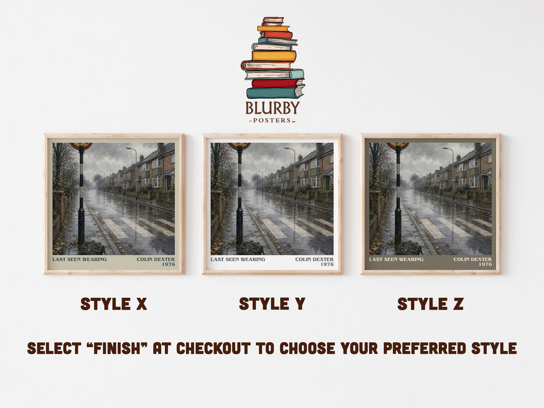 Last Seen Wearing literary print in frame leaning in hallway – mystery wall art (mockup)
