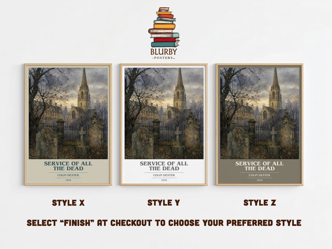 Service of All the Dead book cover print in frame leaning in hallway – mystery wall art (mockup)