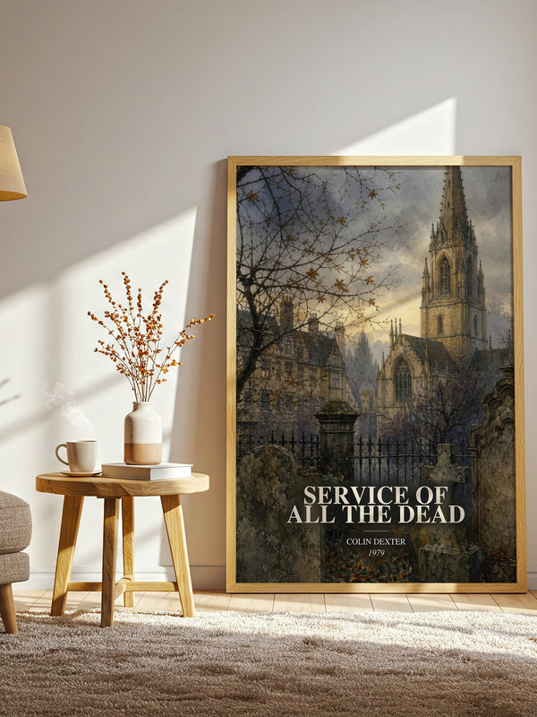 Service of All the Dead watercolour print in frame leaning in hallway – mystery wall art