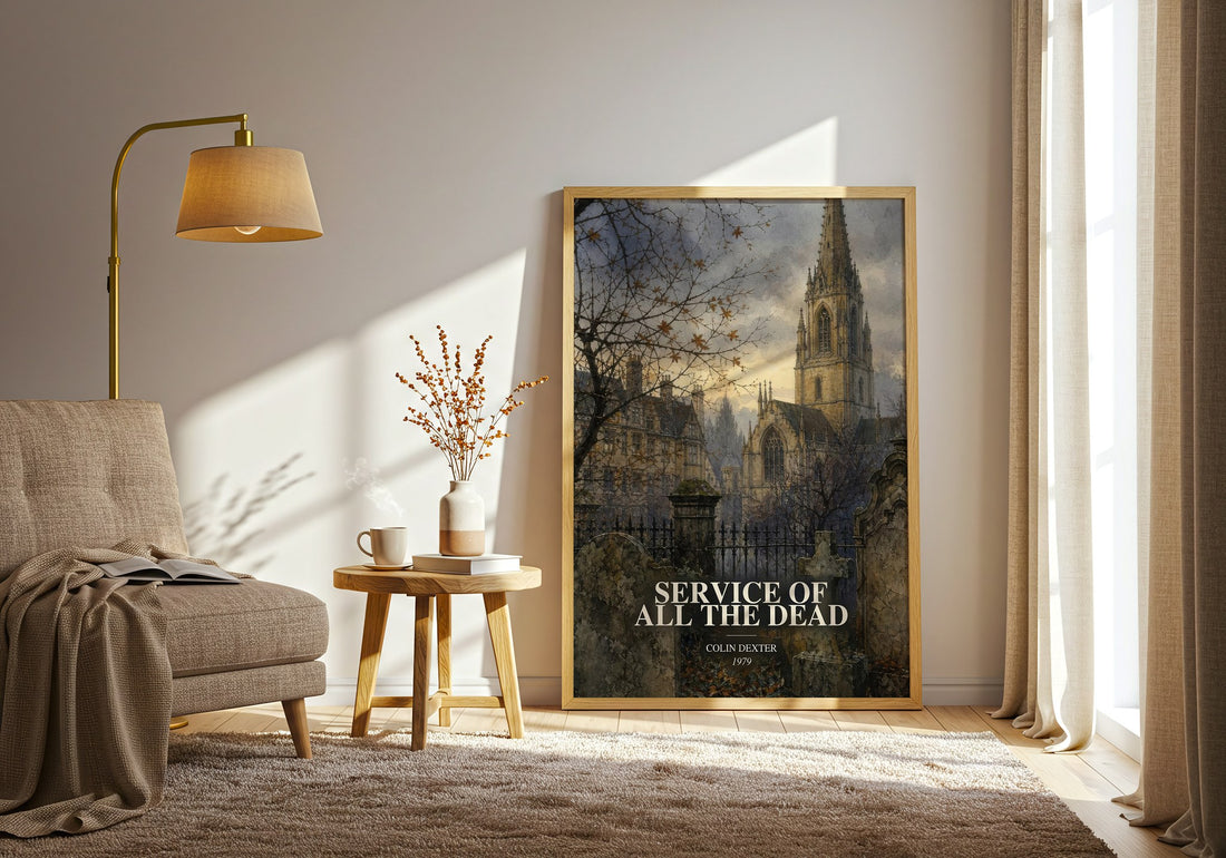 Service of All the Dead watercolour print in frame leaning in hallway – mystery wall art (mockup)