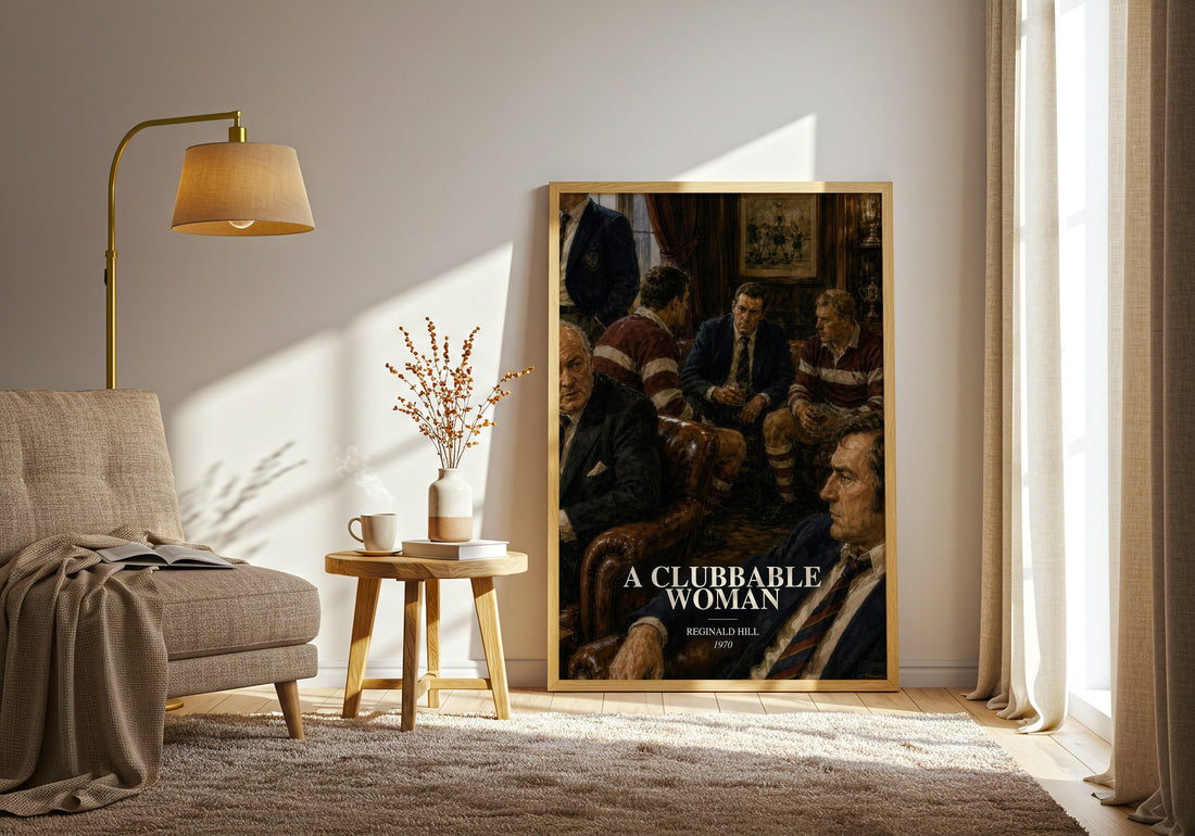 A Clubbable Woman watercolour print in frame leaning in hallway – crime wall art (mockup)