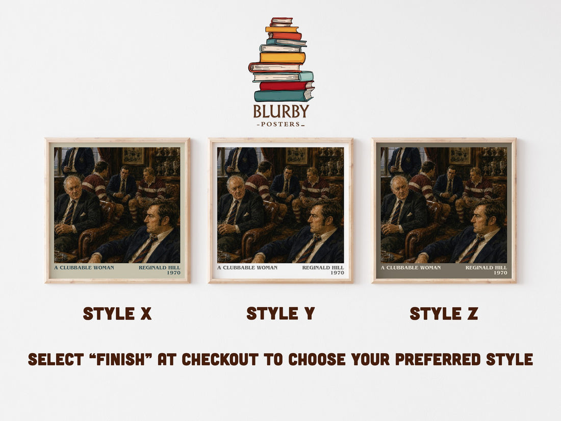 A Clubbable Woman literary print in frame leaning in hallway – crime wall art (mockup)