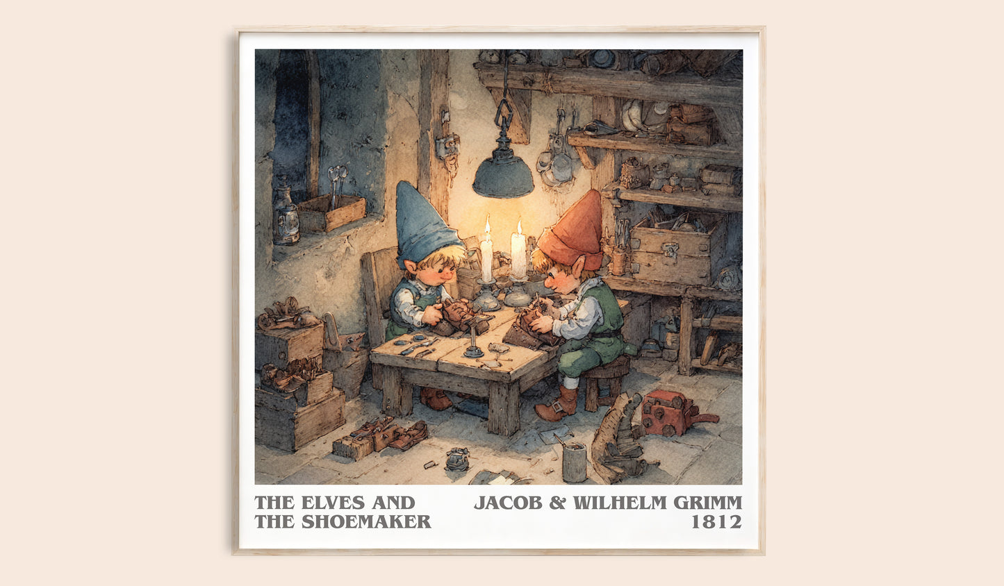 The Elves and the Shoemaker literary book poster by Jacob Grimm – framed literary art print