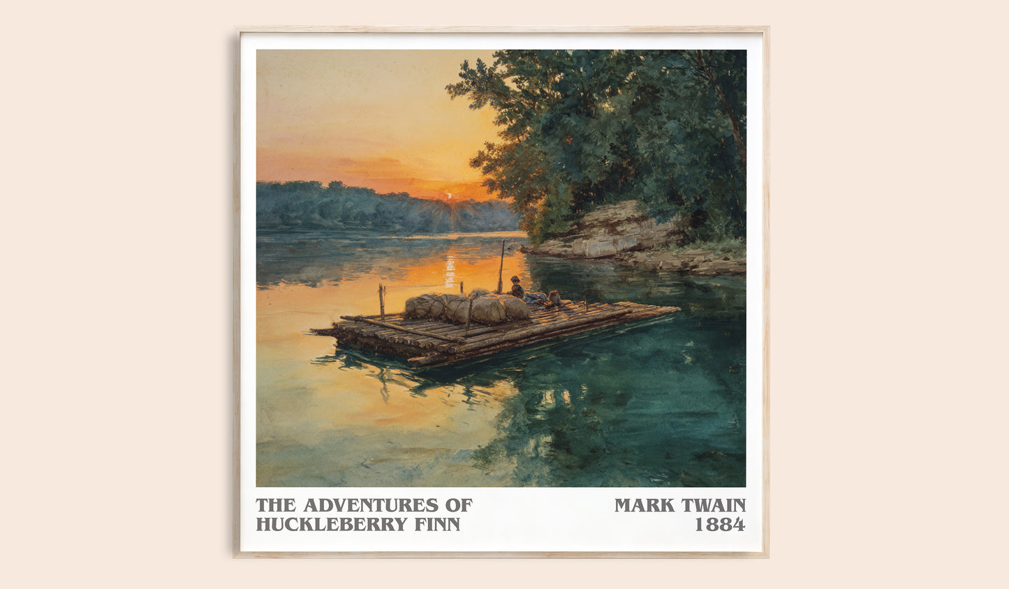 The Adventures of Huckleberry Finn literary book poster by Mark Twain – framed literary art print