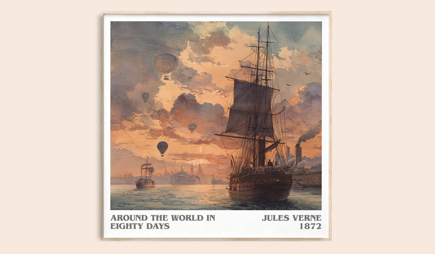 Around the World in Eighty Days literary book poster by Jules Verne – framed literary art print