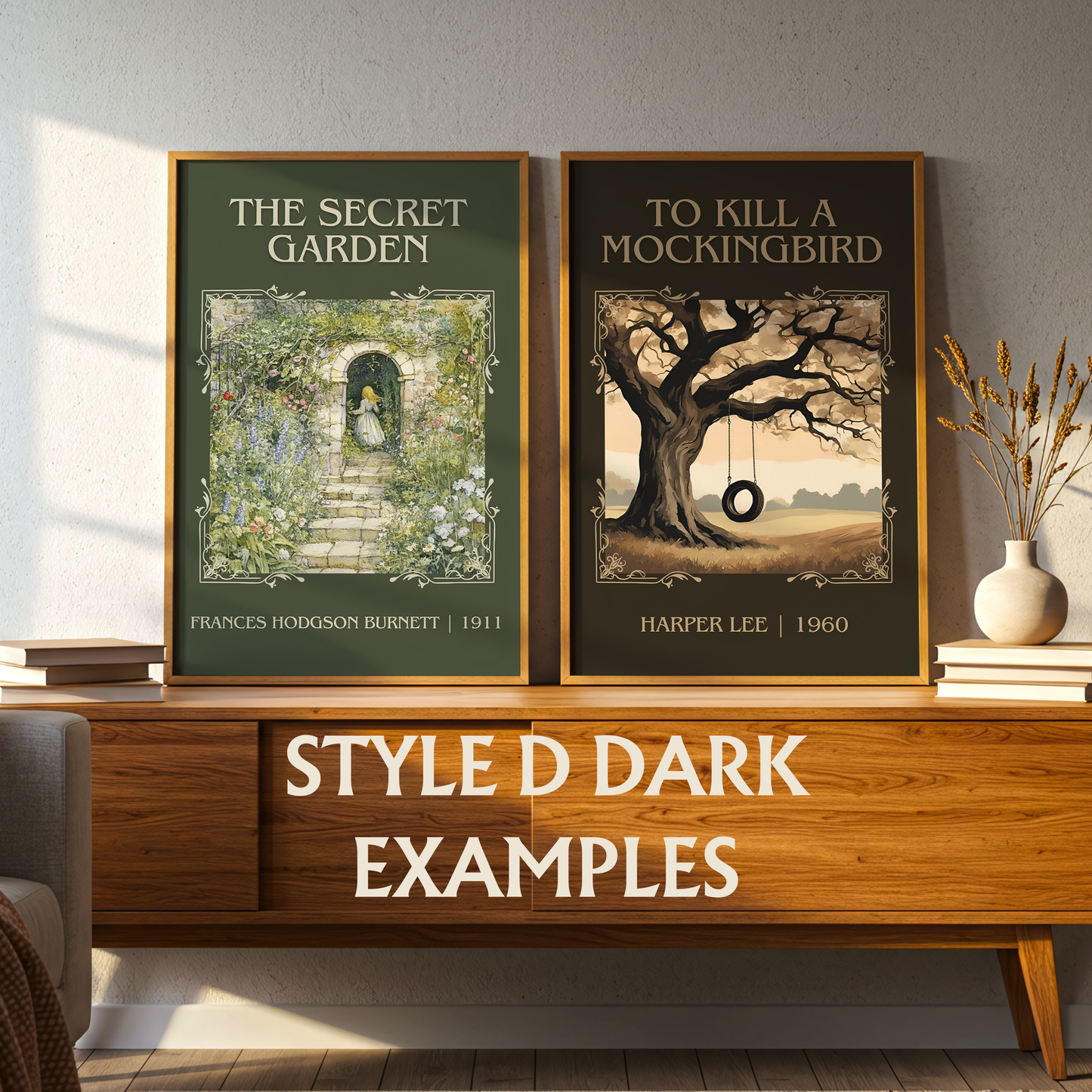two framed posters of classic literature, "The Secret Garden" and "To Kill a Mockingbird", arranged on a wooden shelf.