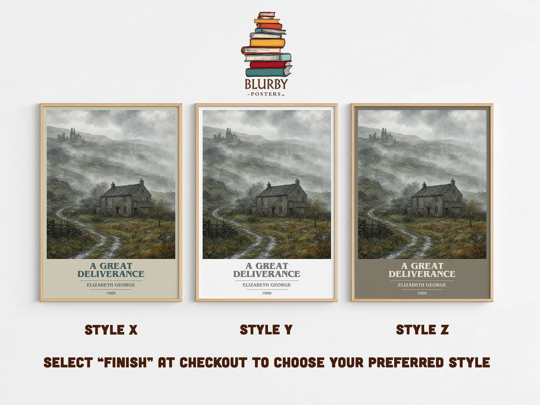 A Great Deliverance book cover print in frame leaning in hallway – mystery wall art (mockup)