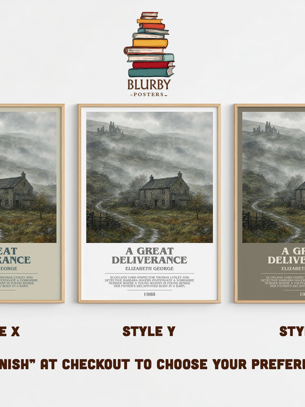 A Great Deliverance bookish print in frame leaning in hallway – mystery wall art