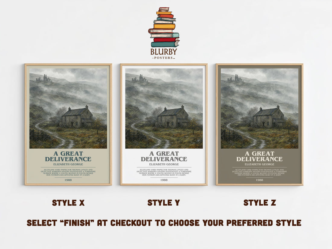 A Great Deliverance bookish print in frame leaning in hallway – mystery wall art (mockup)