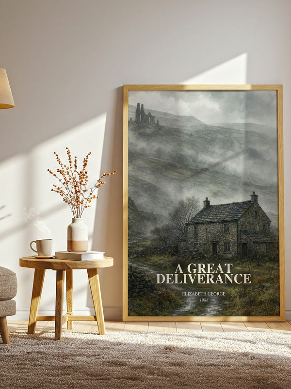 A Great Deliverance watercolour print in frame leaning in hallway – mystery wall art