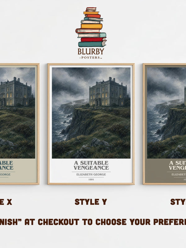 A Suitable Vengeance book cover print in frame leaning in hallway – mystery wall art