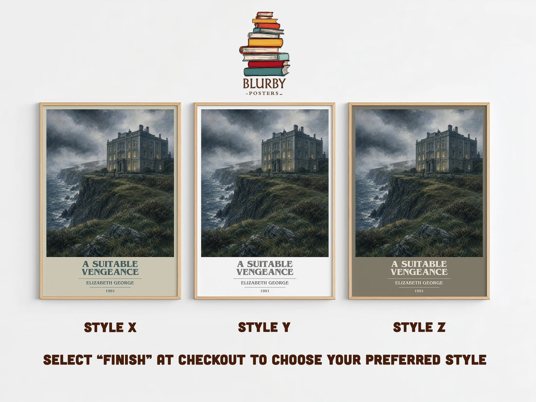 A Suitable Vengeance book cover print in frame leaning in hallway – mystery wall art (mockup)