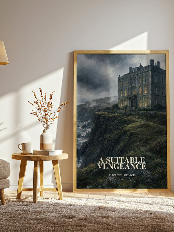 A Suitable Vengeance watercolour print in frame leaning in hallway – mystery wall art