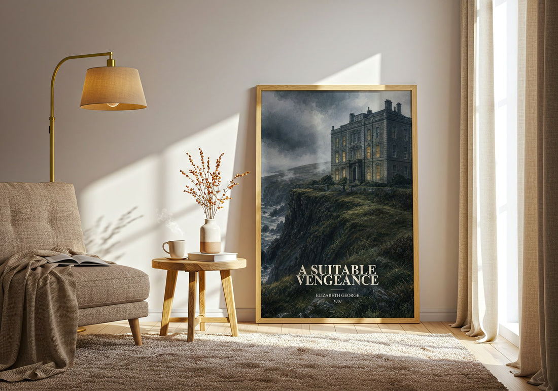 A Suitable Vengeance watercolour print in frame leaning in hallway – mystery wall art (mockup)