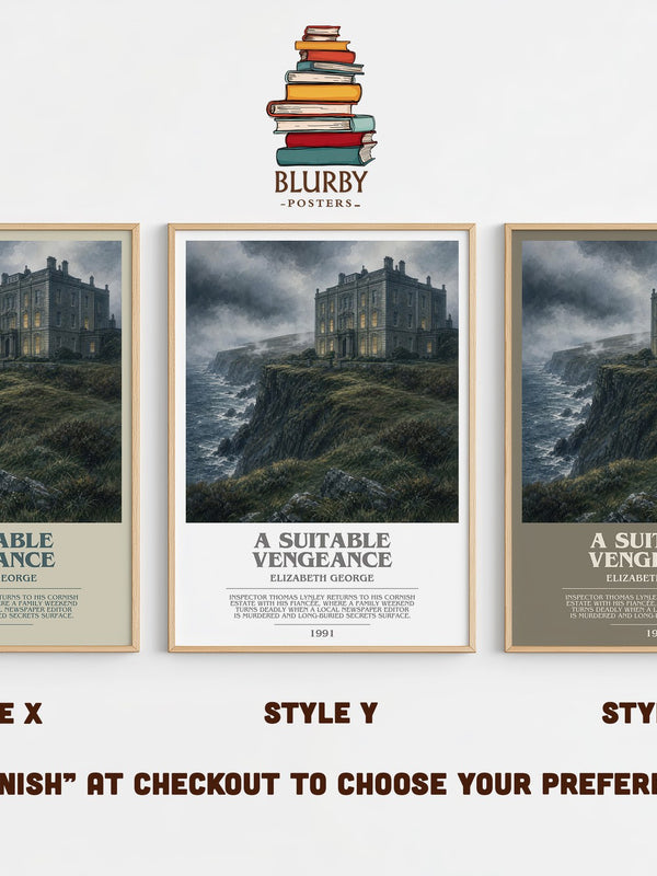 A Suitable Vengeance bookish print in frame leaning in hallway – mystery wall art