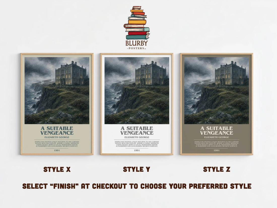 A Suitable Vengeance bookish print in frame leaning in hallway – mystery wall art (mockup)