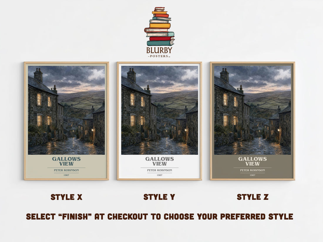 Gallows View book cover print in frame leaning in hallway – mystery wall art (mockup)
