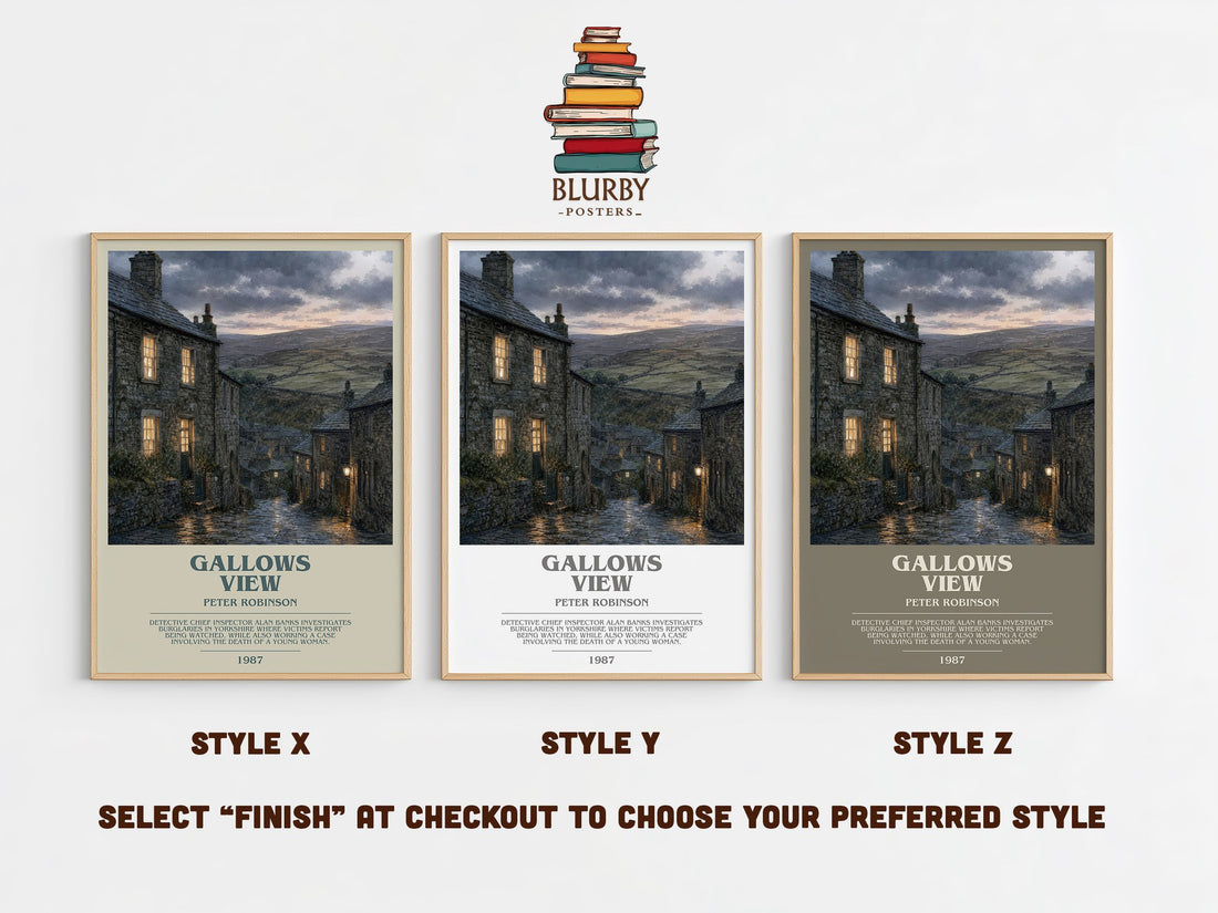 Gallows View bookish print in frame leaning in hallway – mystery wall art (mockup)
