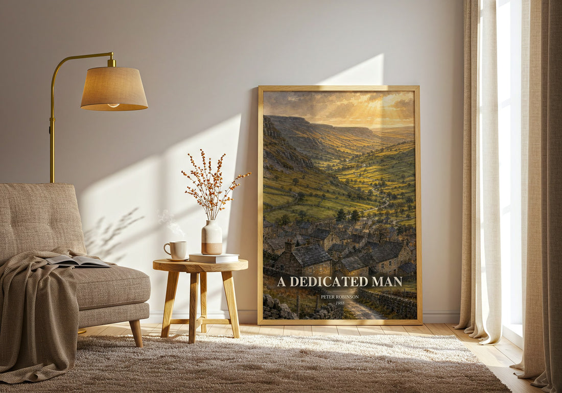 A Dedicated Man watercolour print in frame leaning in hallway – mystery wall art (mockup)