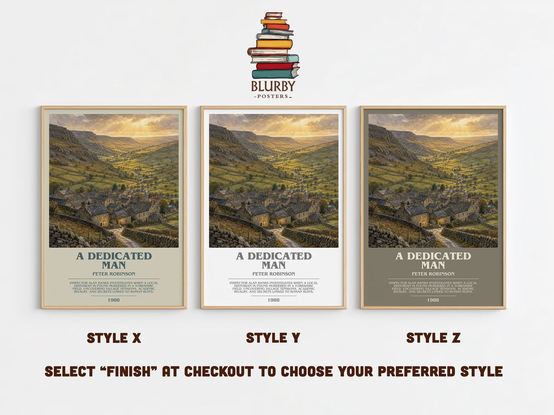 A Dedicated Man bookish print in frame leaning in hallway – mystery wall art (mockup)
