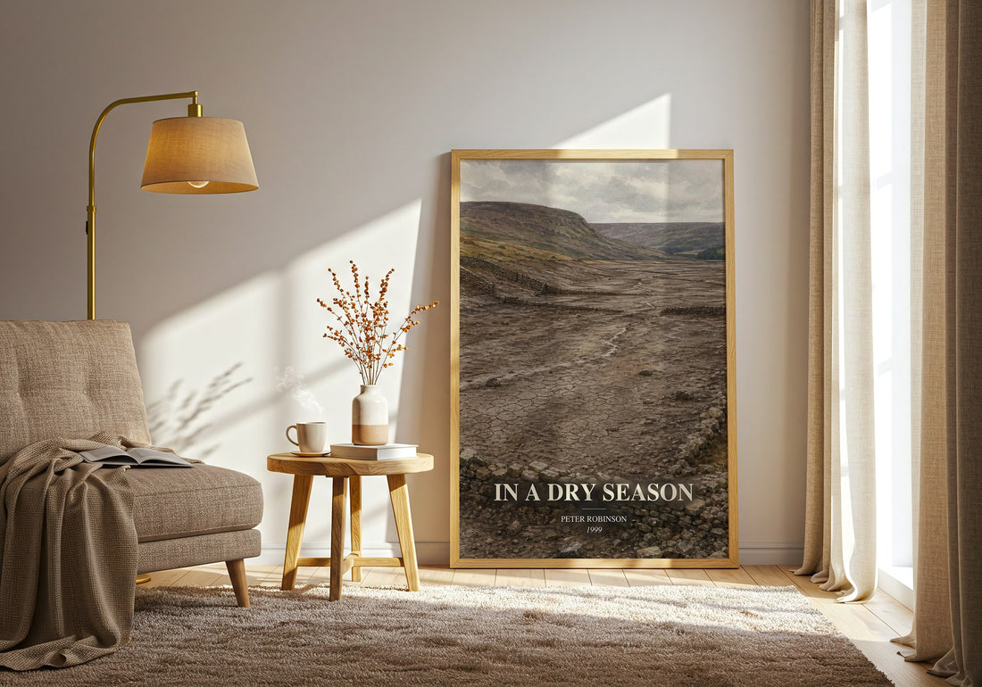 In a Dry Season watercolour print in frame leaning in hallway – crime wall art (mockup)