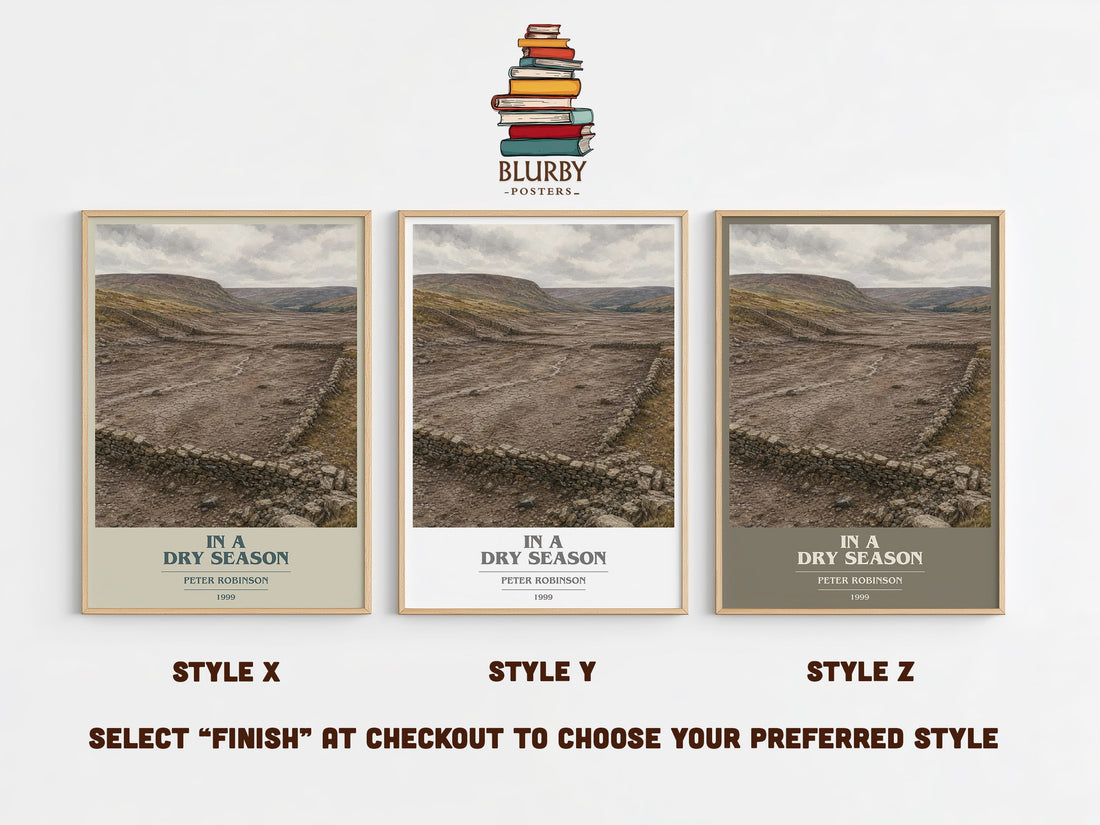 In a Dry Season book cover print in frame leaning in hallway – crime wall art (mockup)