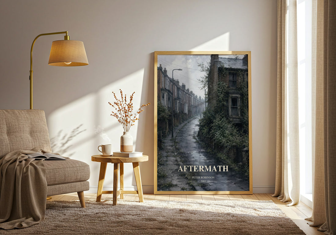 Aftermath watercolour print in frame leaning in hallway – crime wall art (mockup)