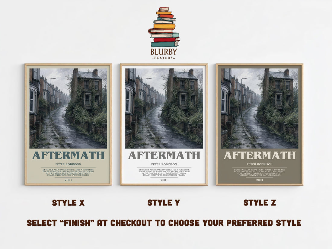 Aftermath bookish print in frame leaning in hallway – crime wall art (mockup)
