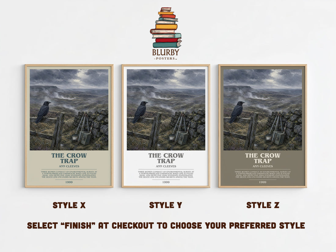 The Crow Trap bookish print in frame leaning in hallway – mystery wall art (mockup)