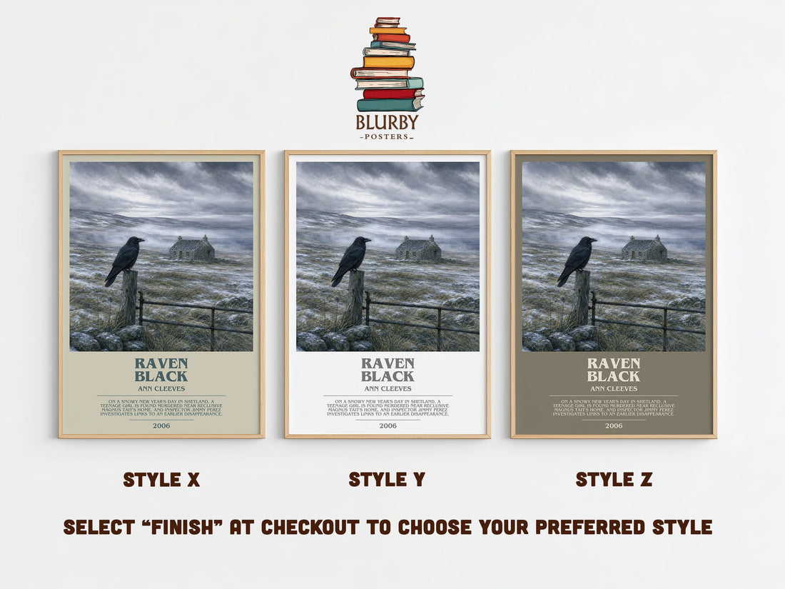 Raven Black bookish print in frame leaning in hallway – mystery wall art (mockup)