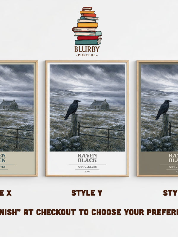 Raven Black book cover print in frame leaning in hallway – mystery wall art