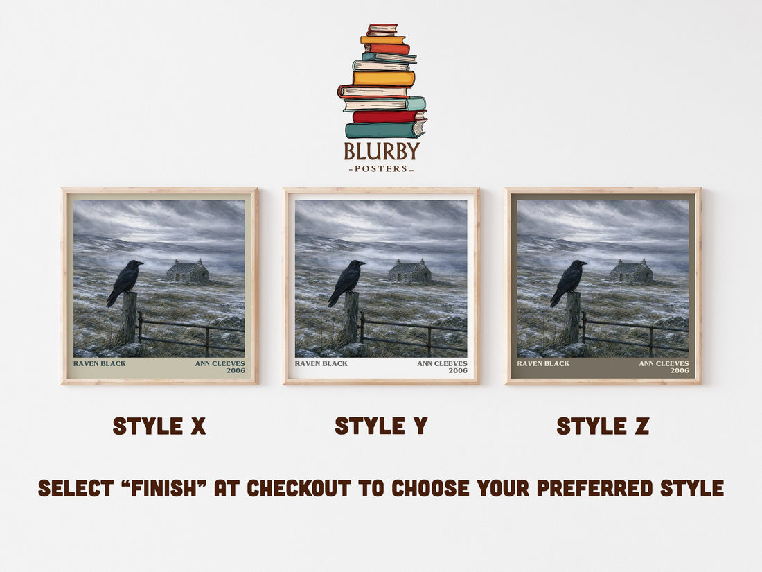 Raven Black literary print in frame leaning in hallway – mystery wall art (mockup)