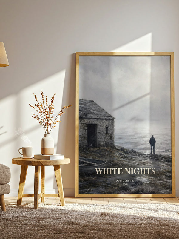 White Nights watercolour print in frame leaning in hallway – crime wall art