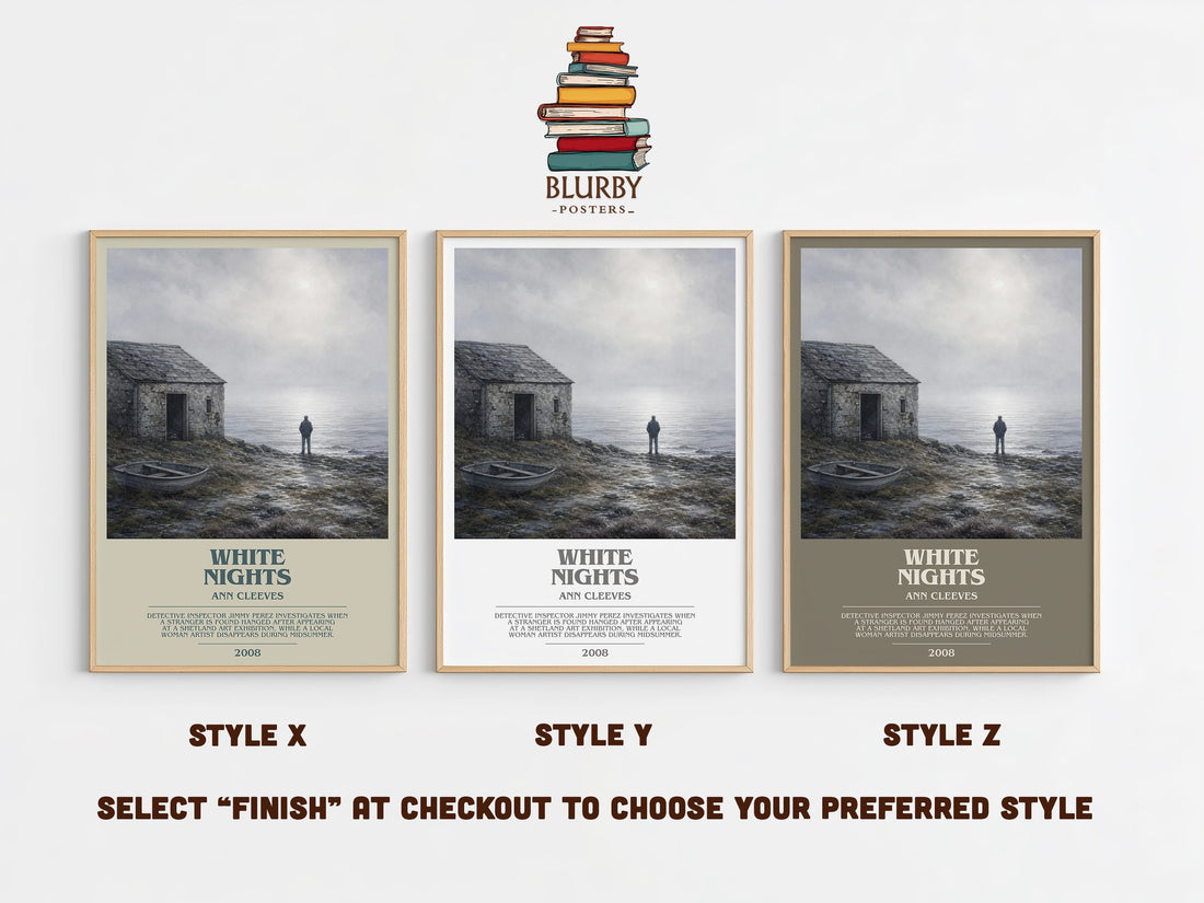 White Nights bookish print in frame leaning in hallway – crime wall art (mockup)