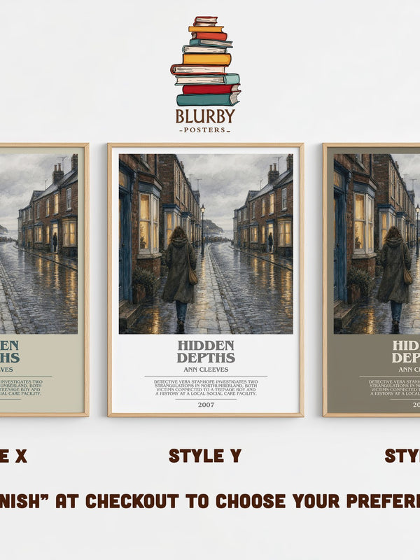 Hidden Depths bookish print in frame leaning in hallway – mystery wall art
