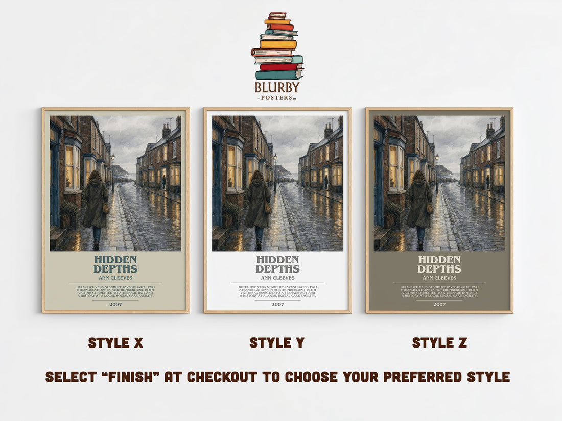 Hidden Depths bookish print in frame leaning in hallway – mystery wall art (mockup)