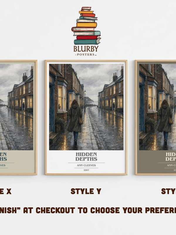 Hidden Depths book cover print in frame leaning in hallway – mystery wall art