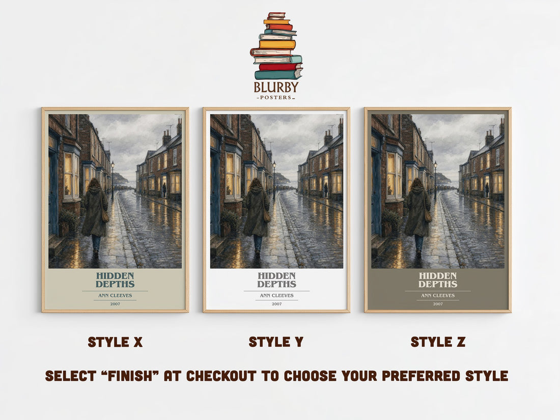 Hidden Depths book cover print in frame leaning in hallway – mystery wall art (mockup)