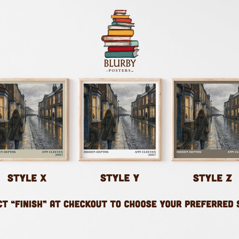 Hidden Depths literary print in frame leaning in hallway – mystery wall art