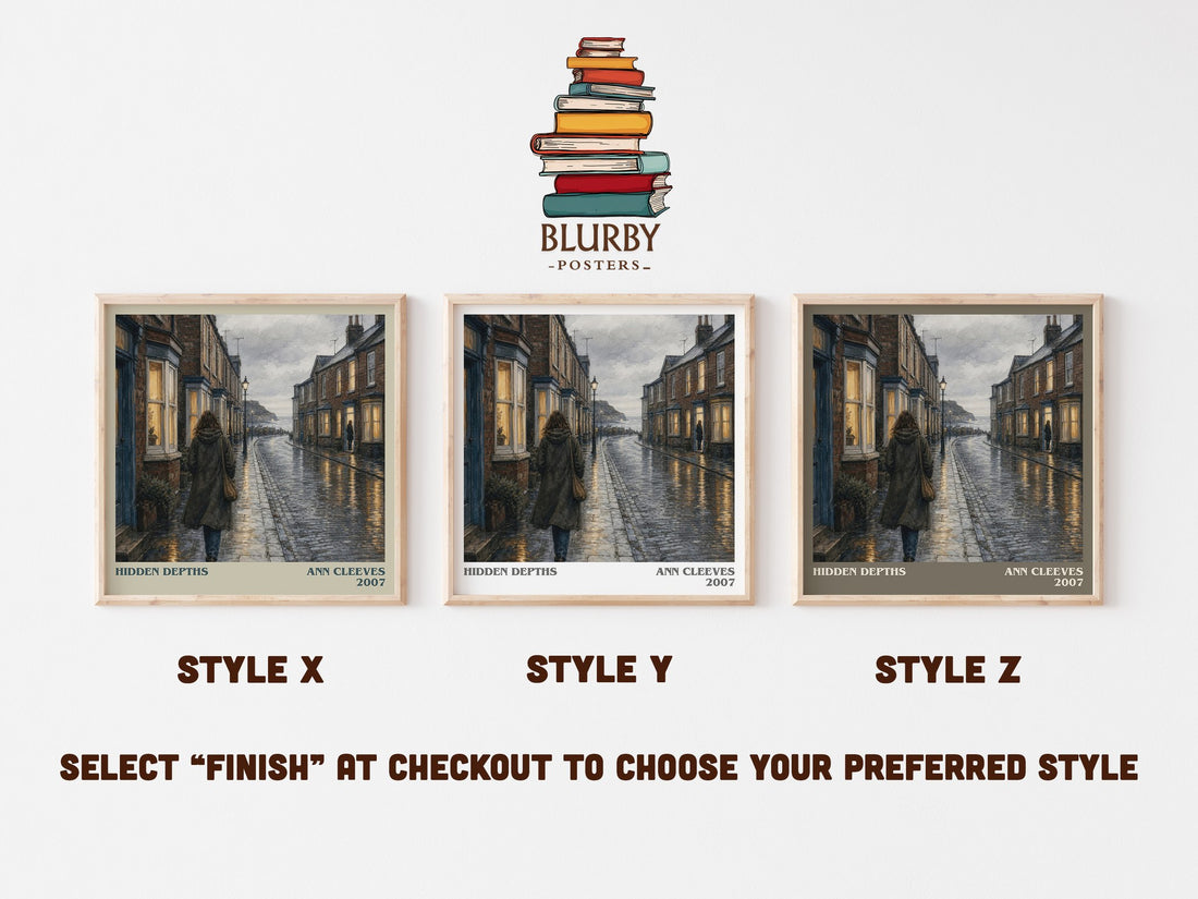 Hidden Depths literary print in frame leaning in hallway – mystery wall art (mockup)